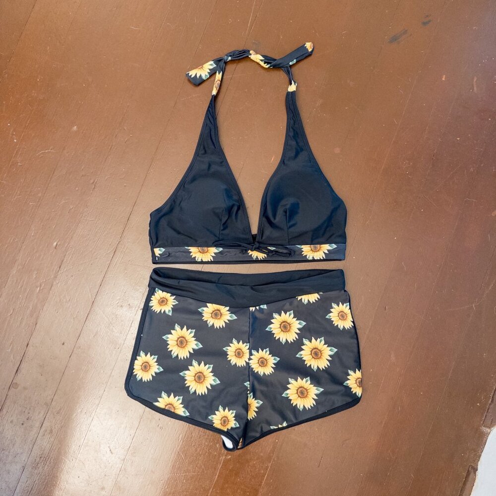 Black Sunflower Bikini Set Halter Top High Waist Swim Shorts Two Piece - Picture 2 of 3